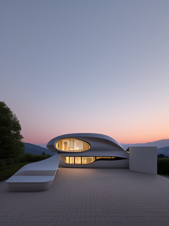 Villa, designed by Zaha Hadid, Japanese architecture, at sunset, in the mountains