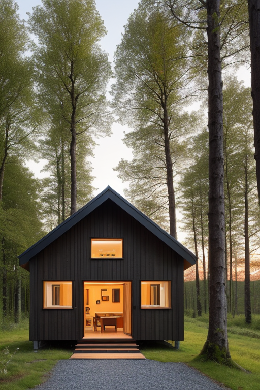 Scottish timber hut, Villa, designed by Alvar Aalto, Modern Architecture, at sunset, in the forest