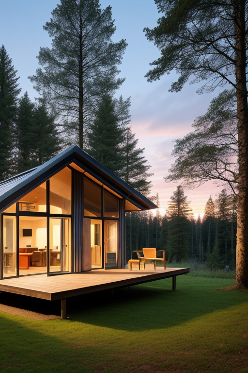 Scottish timber hut, Villa, designed by Alvar Aalto, Modern Architecture, at sunset, in the forest