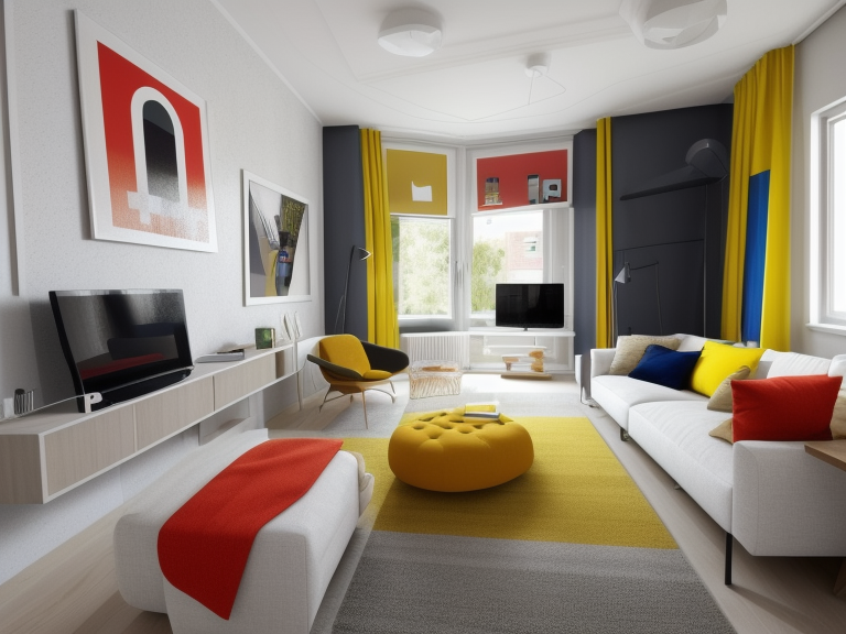 Ecological brutalism, Living Room, Bauhaus style, functional and minimalistic, geometric shapes, primary colours with bold accents, clean lines and smooth surfaces, focus on practicality and simplicity, integration of art and design, a sense of modernism and avant-garde