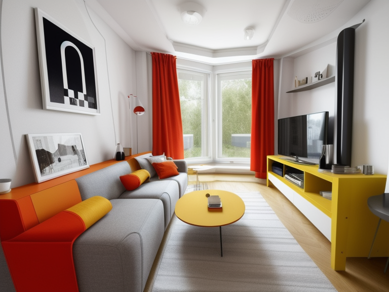 Ecological brutalism, Living Room, Bauhaus style, functional and minimalistic, geometric shapes, primary colours with bold accents, clean lines and smooth surfaces, focus on practicality and simplicity, integration of art and design, a sense of modernism and avant-garde