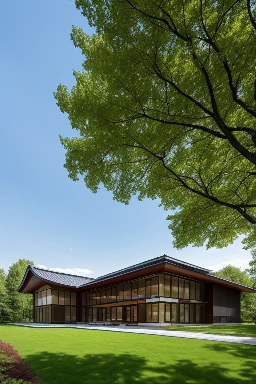 Villa, designed by Norman Foster, Japanese architecture, in the afternoon, in Moscow