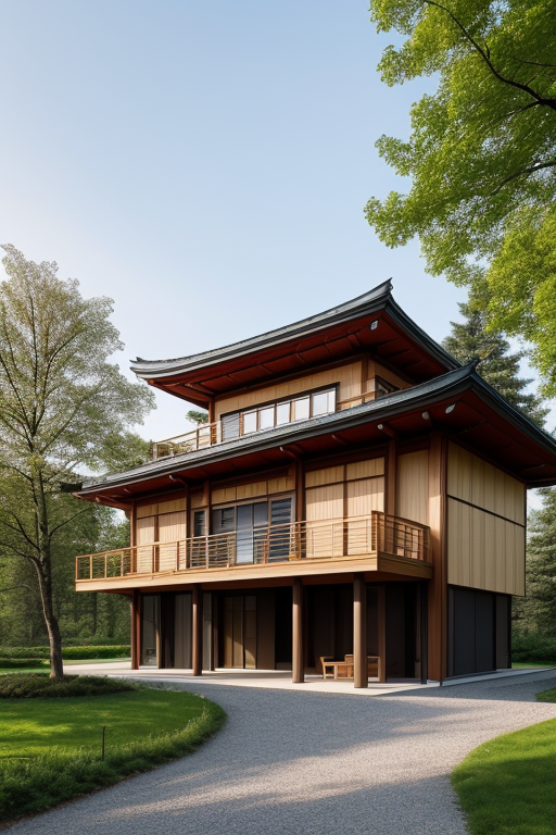 Villa, designed by Norman Foster, Japanese architecture, in the afternoon, in Moscow