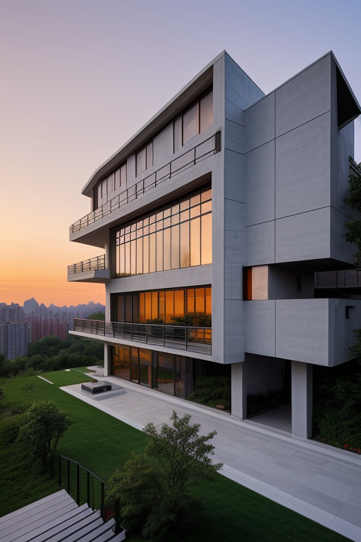 Building, designed by Zaha Hadid, Villa, designed by Tadao Ando, Modern Architecture, at sunset, in New York
