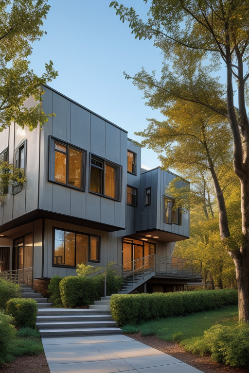 2 Story, designed by Frank Gehry, Post-Modern Architecture, in the morning, in the forest