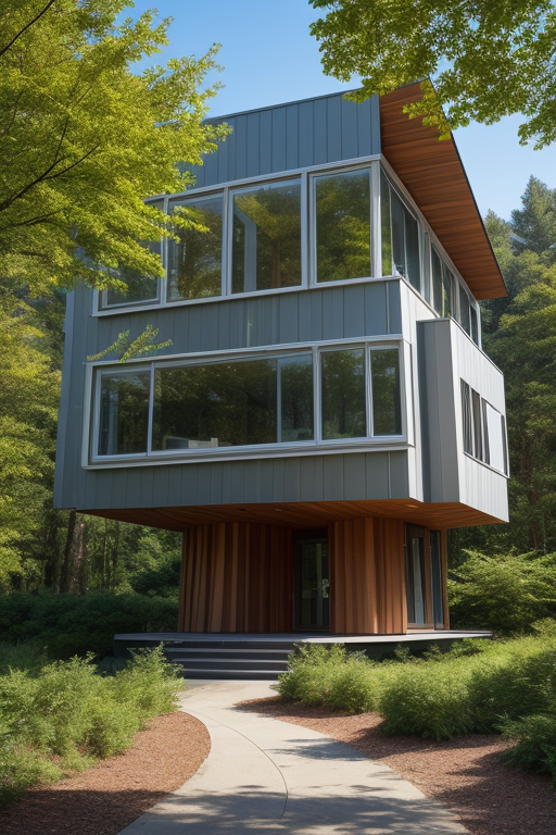 2 Story, designed by Frank Gehry, Post-Modern Architecture, in the morning, in the forest