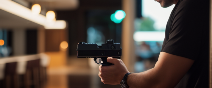 a man pointing a gun to a women on a hotel with holliwood sing on the background, Wide, Afternoon