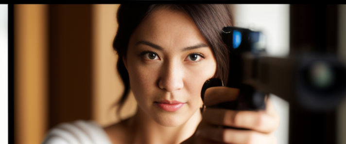 a man pointing a gun to a women on a hotel with holliwood sing on the background, Wide, Afternoon