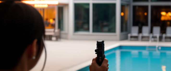a man pointing a gun to a women on a hotel with hollywood sing on the background, Wide, Afternoon