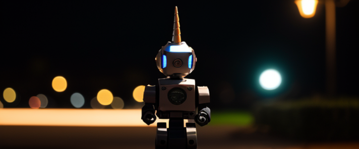 unicorn robot, night time, dark studio, rim lighting, two tone lighting, dimly lit
