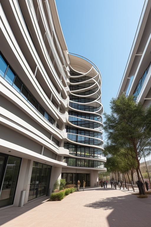 Building facade, 5 story building, a fidget spinner shape plan, On every floor the floor plan rotates 30 degrees from the previous floor, circular spiral staircase going through the building, organic shaped balconies, Mid Rise, designed by Renzo Piano, designed by Santiago Calatrava, Post-Modern Architecture, in the afternoon, in Johannesburg, Mid Rise, designed by Santiago Calatrava, Afro Futurism architecture, in the morning, in the afternoon, in Johannesburg, Mid Rise, designed by Santiago Calatrava, Afro Futurism architecture, in the afternoon