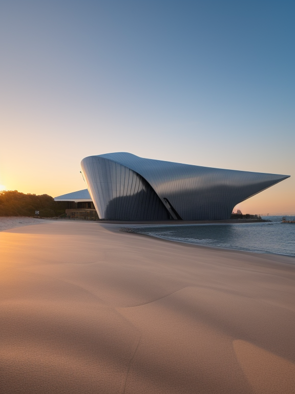 Museum, designed by Zaha Hadid, at sunset, on the beach