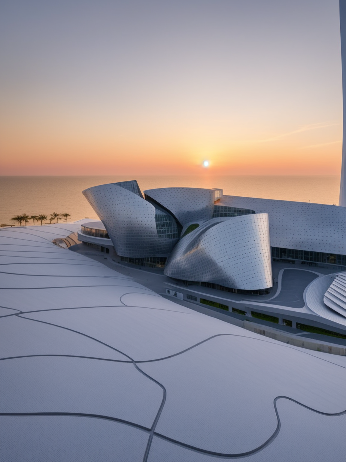 Museum, designed by Zaha Hadid, at sunset, on the beach, designed by Frank Gehry