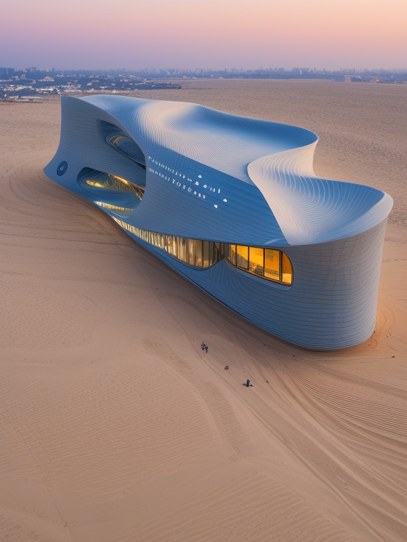 Museum, at sunset, on the beach, designed by Zaha Hadid