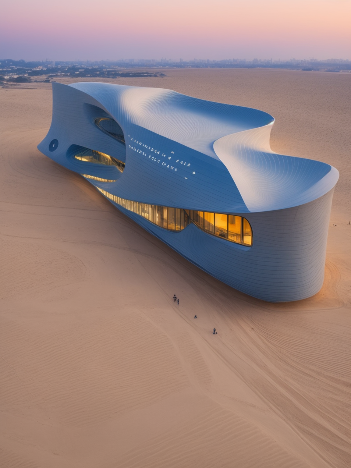 Museum, at sunset, on the beach, designed by Zaha Hadid