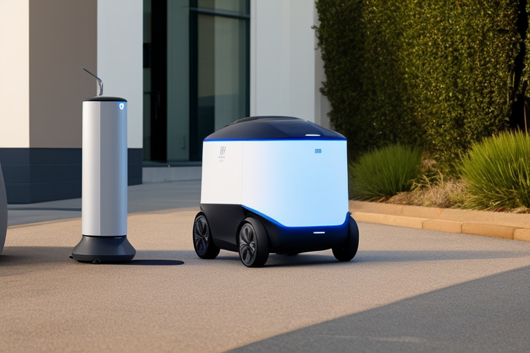 Create Me an autonomous delivery robot that boasts a compact and streamlined body structure with sleek curves and clean lines, striking a balance between functionality, practicality, and aesthetic appeal. Its design is meticulously crafted to seamlessly blend into urban environments while showcasing a modern and professional appearance.

Central to the robot's design is the payload compartment, strategically placed within the body. This compartment offers a secure and weather-resistant space for packages, ensuring their safety and protection during transportation. To further enhance security, a lockable lid or door mechanism can be incorporated, providing an extra layer of confidence for both users and recipients.

Within the robot's body, an array of sensors is seamlessly integrated to facilitate its autonomous capabilities. Lidar sensors, cameras, and ultrasonic sensors are strategically positioned to provide a comprehensive 360-degree view of the surroundings. This enables the robot to perceive obstacles, navigate complex urban landscapes, and make informed decisions during its delivery routes. The sensors are carefully integrated to maintain the robot's sleek appearance without compromising functionality.

Interacting with the robot is effortless thanks to a user-friendly control interface. This interface may include a small display or touch panel, allowing users or operators to input delivery instructions and monitor the robot's status in real-time. The intuitive design of the interface ensures smooth and efficient interactions, making it accessible to users with varying levels of technological expertise.

The robot's locomotion system is thoughtfully designed to suit the environment it operates in. Depending on the specific design, it may feature wheels for agile movement on paved surfaces or tracks for enhanced stability and traction on uneven terrain. Whichever system is chosen, it seamlessly integrates into the overall body design, enabling the robot to navigate with ease and precision.

To enhance visibility and add a modern touch, LED lights or light strips are thoughtfully placed on the robot. These lights serve multiple purposes, such as indicating the robot's status, improving visibility in low-light conditions, and acting as turn signals during navigation. The placement of the lights is carefully integrated into the robot's body, ensuring they contribute to its aesthetic appeal without detracting from its functionality.

The robot's surface finish is durable and scratch-resistant, providing a protective layer to withstand the demands of daily operation. Available in options such as glossy, matte, or metallic finishes, the surface finish not only enhances the robot's visual appeal but also allows for customization of branding elements. This offers the opportunity to incorporate company logos, icons, or graphics that align with the brand's identity.

Overall, the autonomous delivery robot embodies a harmonious fusion of form and function. Its visually striking appearance seamlessly integrates advanced technologies, such as sensors, control interfaces, and lighting elements, without compromising its primary purpose of efficient and secure package delivery. Customization options further allow for personalization, ensuring the robot aligns with specific branding requirements while making a positive impact on urban landscapes.