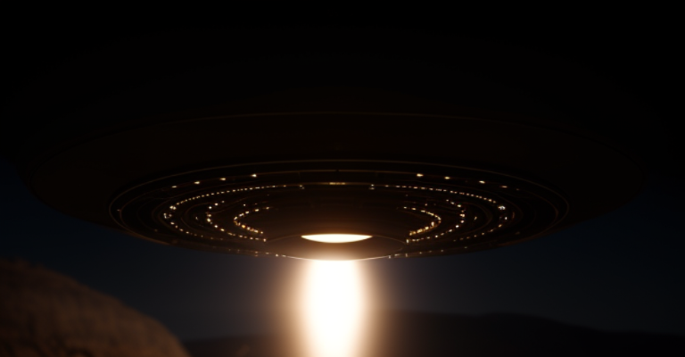 
a UFO travels through the mountains at high speed crashing into a large rock, Close up, night time, dark studio, rim lighting, two tone lighting, dimly lit