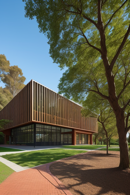 A campus library for Austral University. Sorrounded by trees., Library, designed by Renzo Piano, Modern Architecture, with exposed brick, in the morning, in the forest