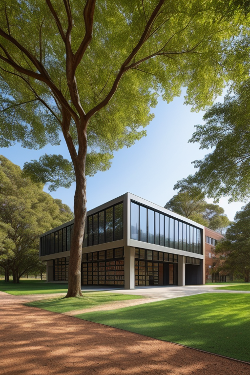A campus library for Austral University. Sorrounded by trees., Library, designed by Renzo Piano, Modern Architecture, with exposed brick, in the morning, in the forest