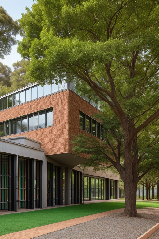 A campus library for Austral University. Sorrounded by trees., Library, designed by Renzo Piano, Modern Architecture, with exposed brick, in the morning, in the forest
