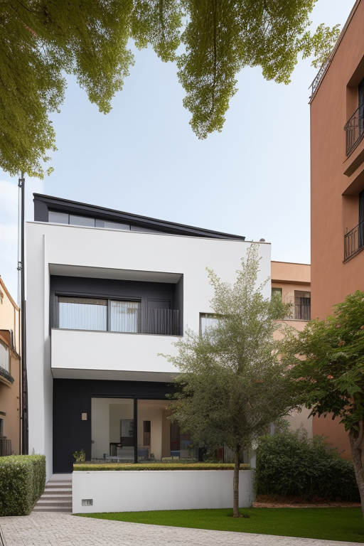 una casa sencilla de dos pisos, 8 m de frente y 15 m de largo, Townhouse, designed by Alvar Aalto, Modern Architecture, in the afternoon, in Barcelona