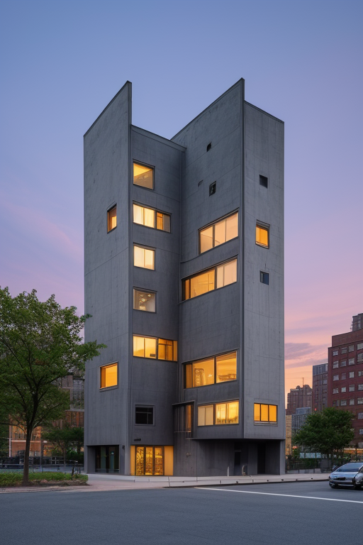 Museum, designed by Le Corbusier, Art Nouveau Architecture, at sunset, in New York