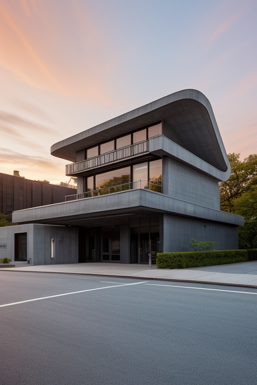 Museum, designed by Le Corbusier, Art Nouveau Architecture, at sunset, in New York