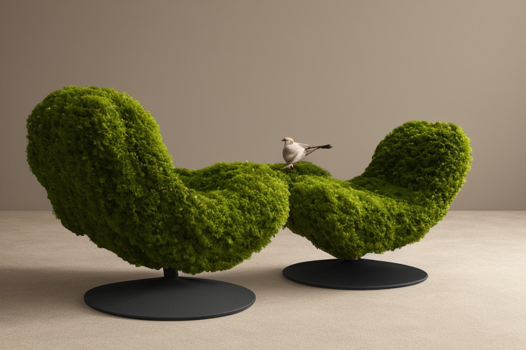 lounge chair made out of winter leafs and moss that attracts birds, Chair