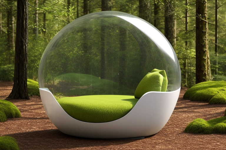 lounge bubble chair in the forest made out of winter leafs and moss that attracts birds