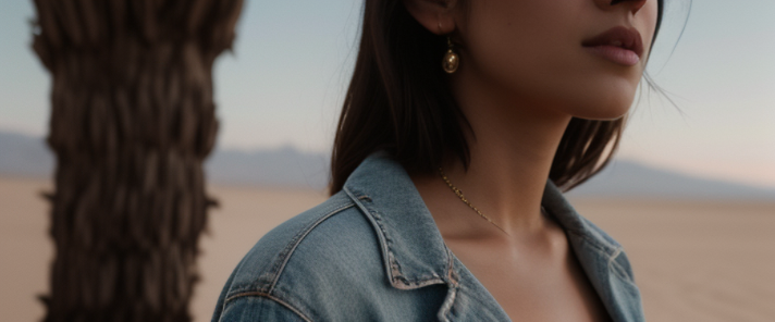a young girlwearing stylish summer clothes and luxury fashion standing in the middle of a desert , Close up, Morning, Afternoon