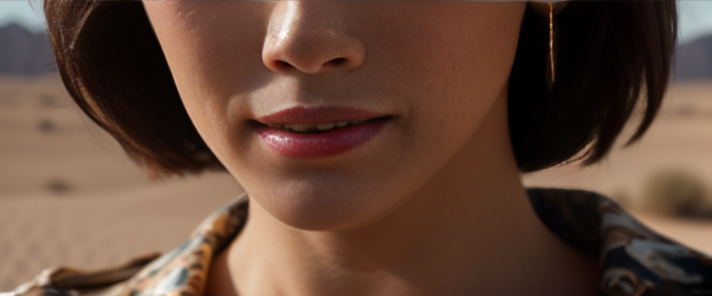 a young girlwearing stylish summer clothes and luxury fashion standing in the middle of a desert , Close up, Morning, Afternoon