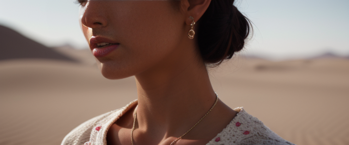 a young girlwearing stylish summer clothes and luxury fashion standing in the middle of a desert , Close up, Morning, Afternoon