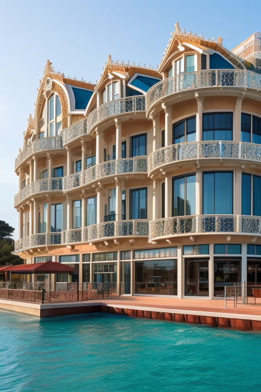 Hotel, designed by Gaudi, Modern Architecture, in the morning, in the ocean