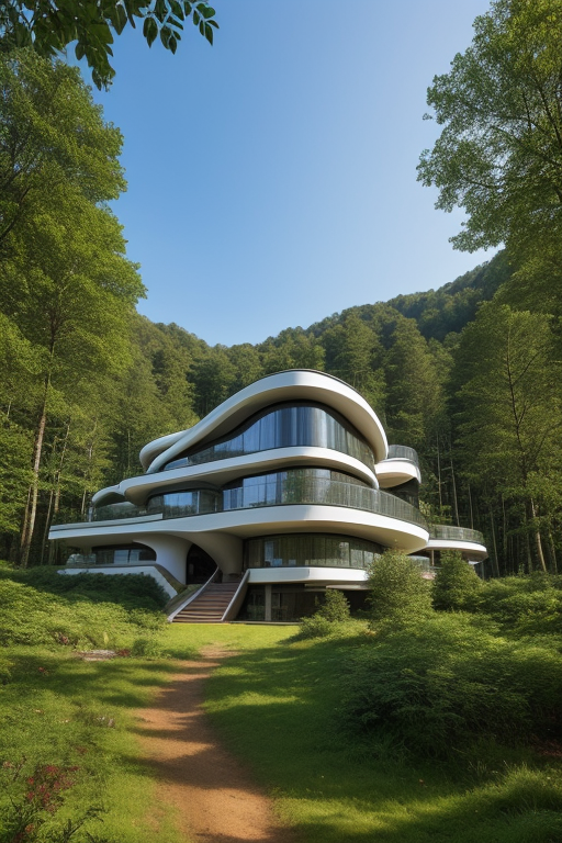 a house in a deep forest between mountains, Mansion, Skyscraper, designed by Zaha Hadid, Post-Modern Architecture, in the afternoon, in the forest