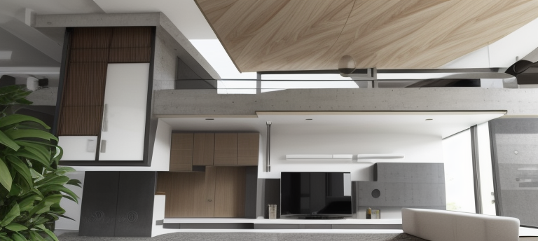Modern design, clean lines, geometric shapes, neutral colour panel, simplicity and functionality, use of glass, steel, concrete