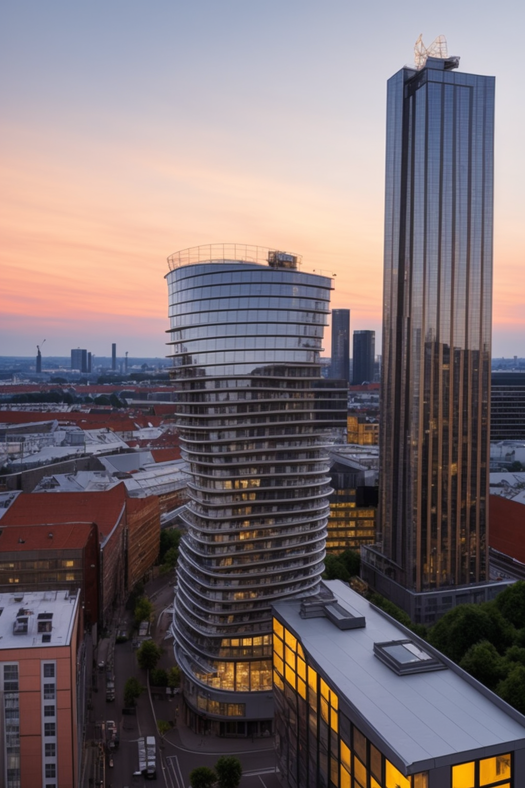 A sky scraper, Building, designed by Frank Gehry, at sunset, in Berlin