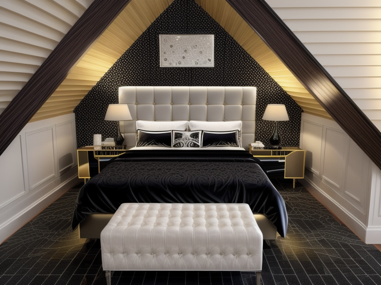 Bedroom, Art Deco design, glamorous and luxurious, geometric shapes, bold colours, black, rich jewel tones, mirrored surfaces, ornate detailing, high-gloss finishes, dramatic lightning fixtures