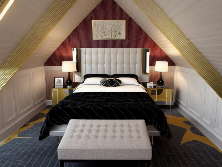 Bedroom, Art Deco design, glamorous and luxurious, geometric shapes, bold colours, black, rich jewel tones, mirrored surfaces, ornate detailing, high-gloss finishes, dramatic lightning fixtures