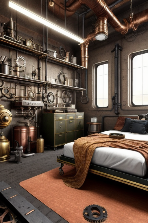 Bedroom, Steampunk style,  industrial and vintage, warm colour palette, combination of Victorian aesthetics and industrial elements, exposed gears and machinery, brass and copper accents, vintage and repurposed objects, a sense of victorian-era-technology and adventure