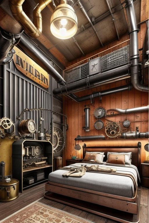 Bedroom, Steampunk style,  industrial and vintage, warm colour palette, combination of Victorian aesthetics and industrial elements, exposed gears and machinery, brass and copper accents, vintage and repurposed objects, a sense of victorian-era-technology and adventure