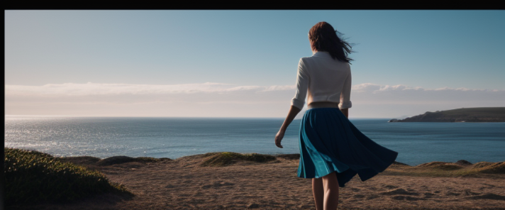 A high-resolution image of a woman wearing a blue skirt and walking among lively coastal landscapes, in a style reminiscent of Inessa Garmash, Miyamoto Musashi, Paul Hedley, and Guye Jones. The painting should be composed of light bronze and white, with layered and complex compositions, creating a UHD image.Wide