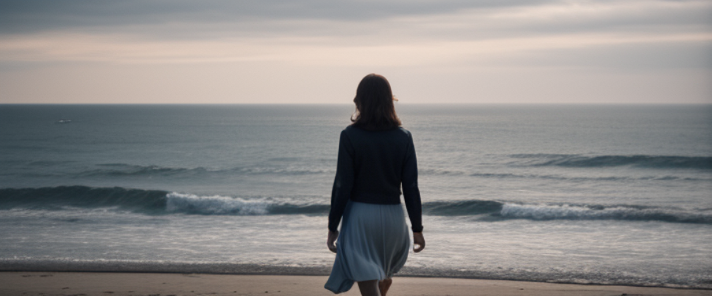 A high-resolution image of a woman wearing a blue skirt and walking among lively coastal landscapes, in a style reminiscent of Inessa Garmash, Miyamoto Musashi, Paul Hedley, and Guye Jones. The painting should be composed of light bronze and white, with layered and complex compositions, creating a UHD image.Wide