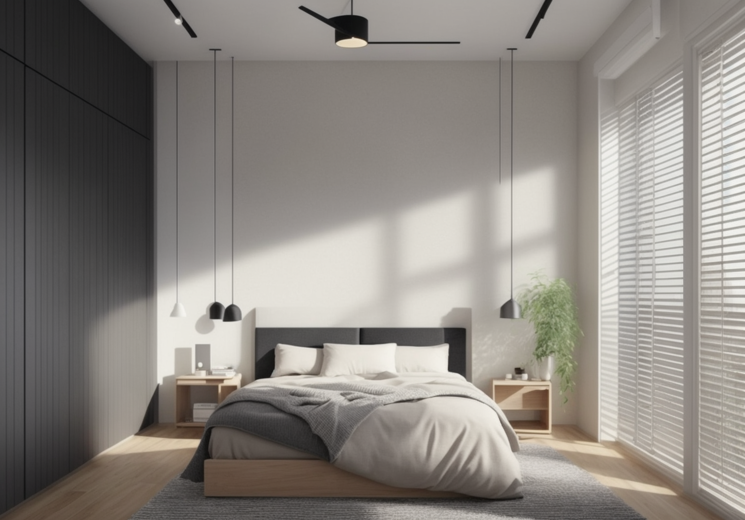 Bedroom, Minimalist design, simple lines, limited furniture, open floor, natural light, uncluttered space