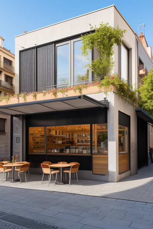 Cafetería , Cafe, designed by Mies Van der Rohe, Constructivism Architecture, in the morning, in Barcelona