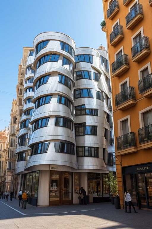 Cafe, designed by Frank Gehry, Constructivism Architecture, in the morning, in Barcelona