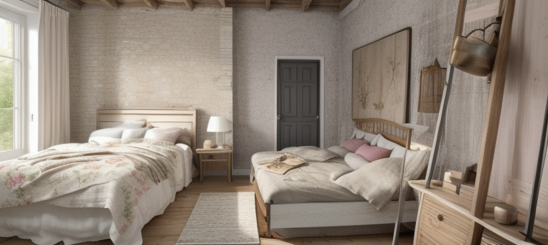 Bedroom, French design, rustic and elegant, soft and pastel colour palette, creams, distressed elegant furniture, floral patterns, natural materials, linen, lots of warm coloured wood, comfortable and charming ambiance, antique furnishing