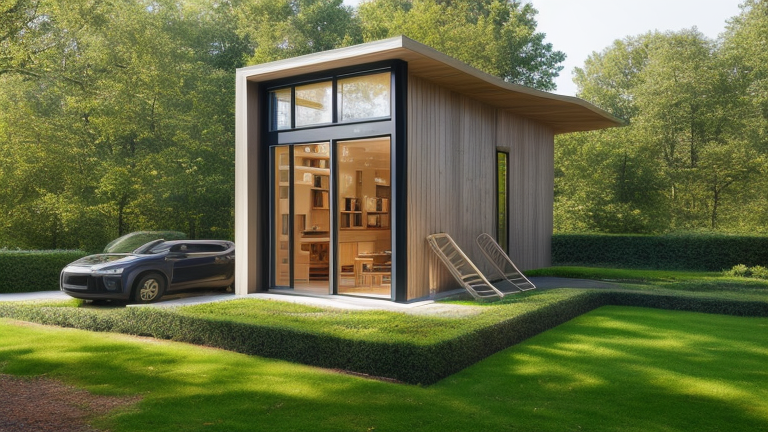 Building, designed by Mies Van der Rohe, Modern Architecture, in the morning, in the forest