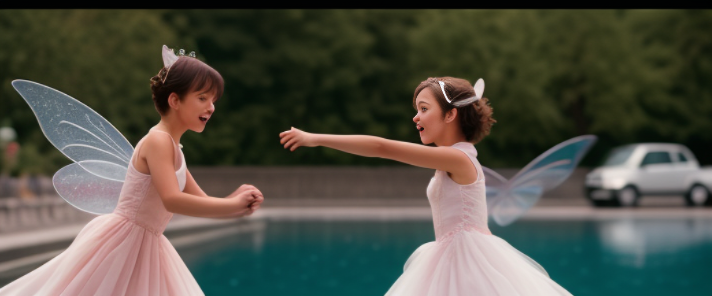 Two Adorable Fairies fighting in the air using magic, Wide