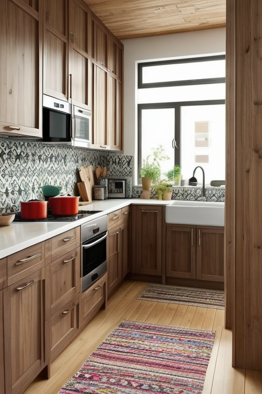 a cozy place, clean natural, fresh, airy, colorful food, Kitchen, Bohemian design, electric and free-spirited, mix of patterns and colours, relaxed look, natural materials, vintage and human made elements