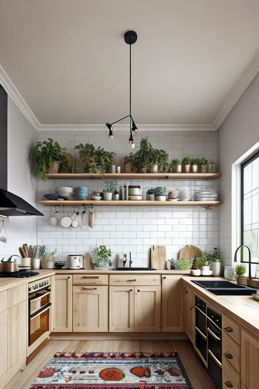 a cozy place, clean natural, fresh, airy, colorful food, Kitchen, Bohemian design, electric and free-spirited, mix of patterns and colours, relaxed look, natural materials, vintage and human made elements